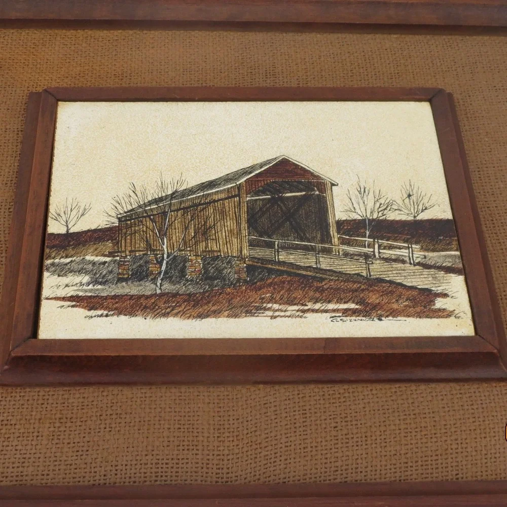 Vintage Signed Covered Bridge Lithograph,Americana, Burlap Wood Frame 13x14
